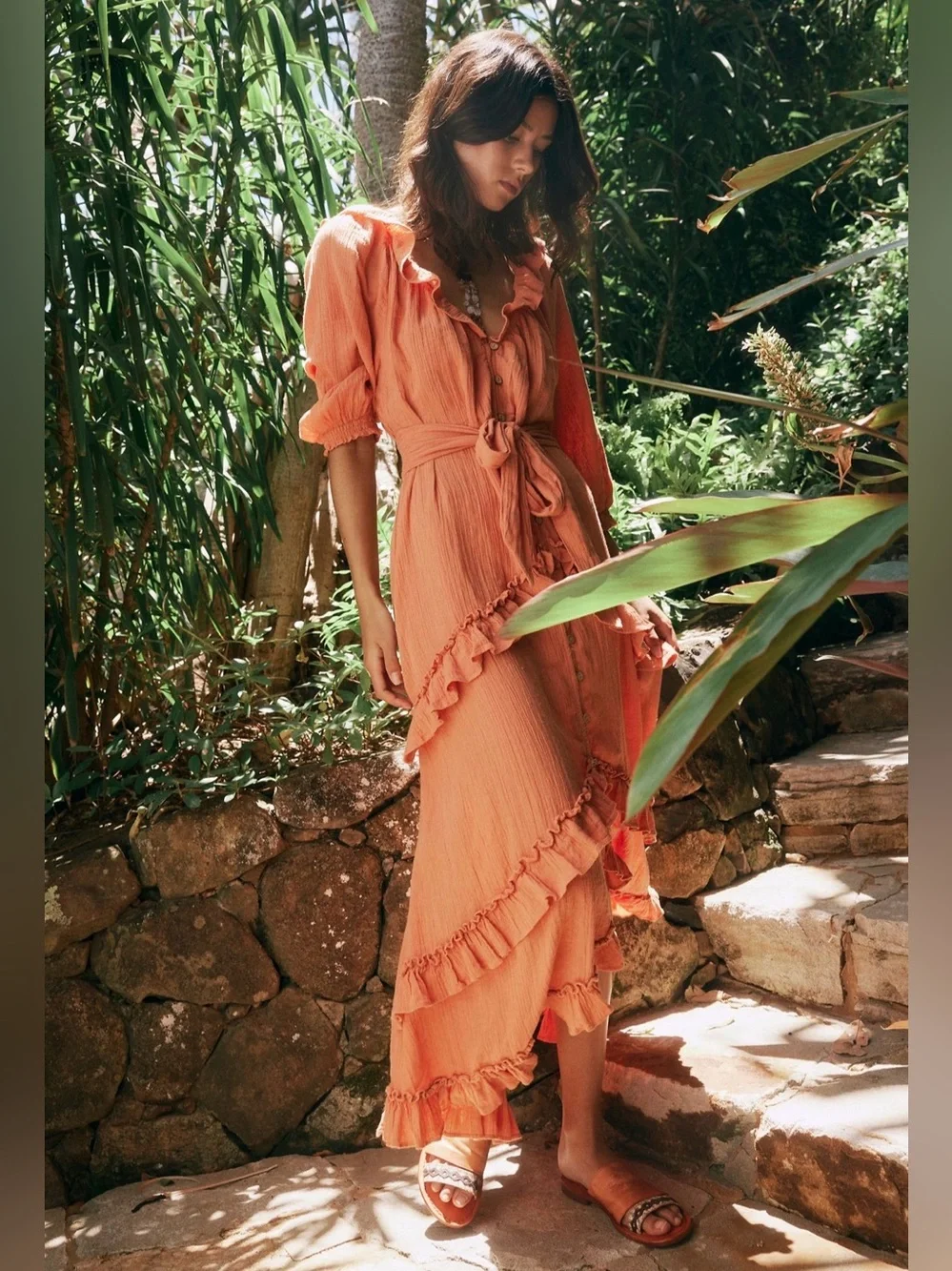 Free People Oh So Romantic Maxi Dress Coral Ruffle Button Front Boho Size S